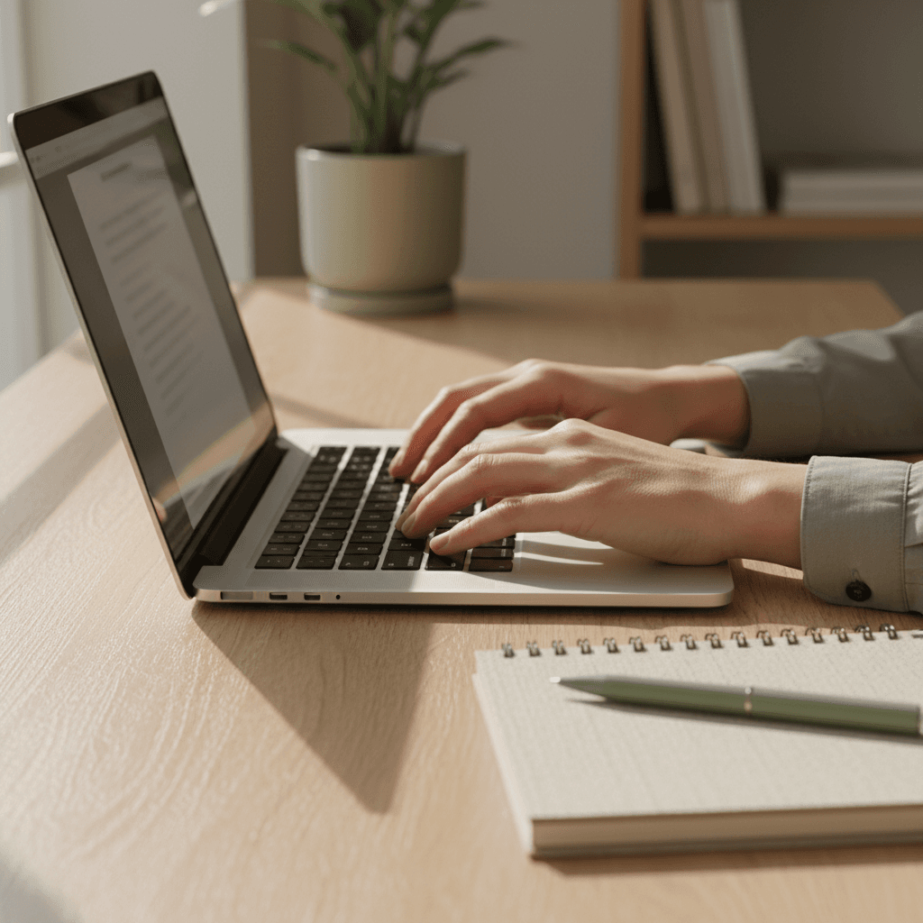 Professional working at laptop with notebook and pen on desk