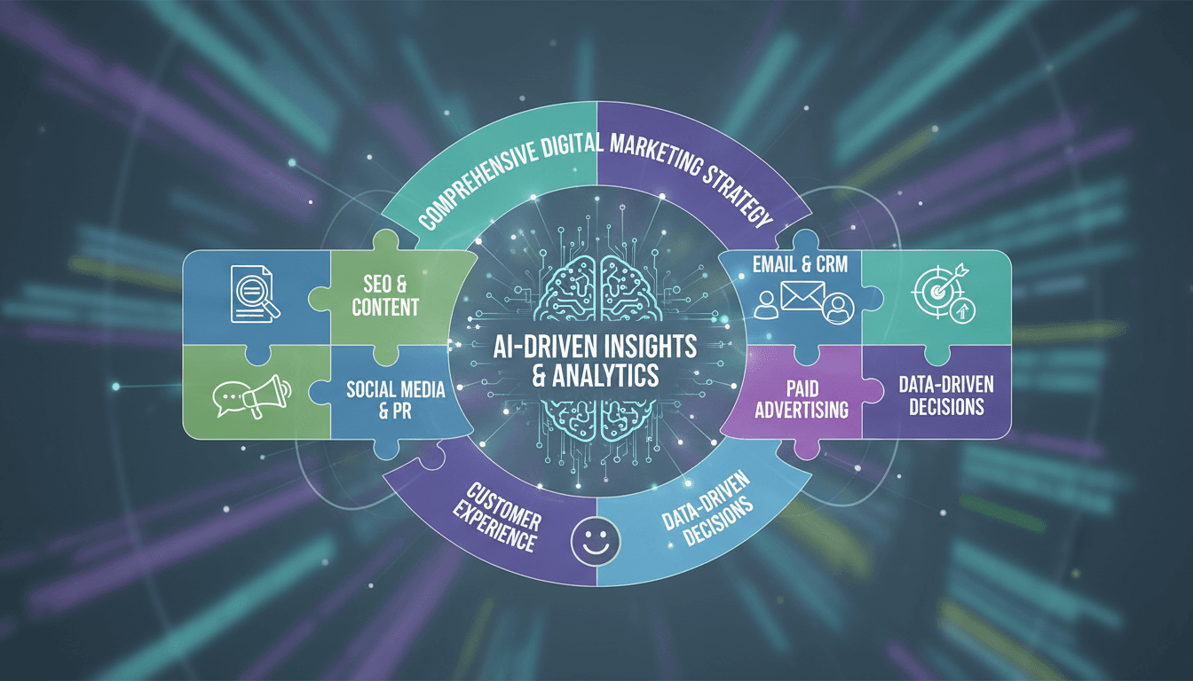 Marketing strategy puzzle with AI-driven insights at its center.