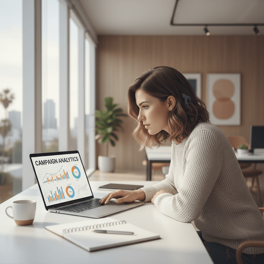 Marketing professional analyzing AI-driven campaign performance metrics on laptop