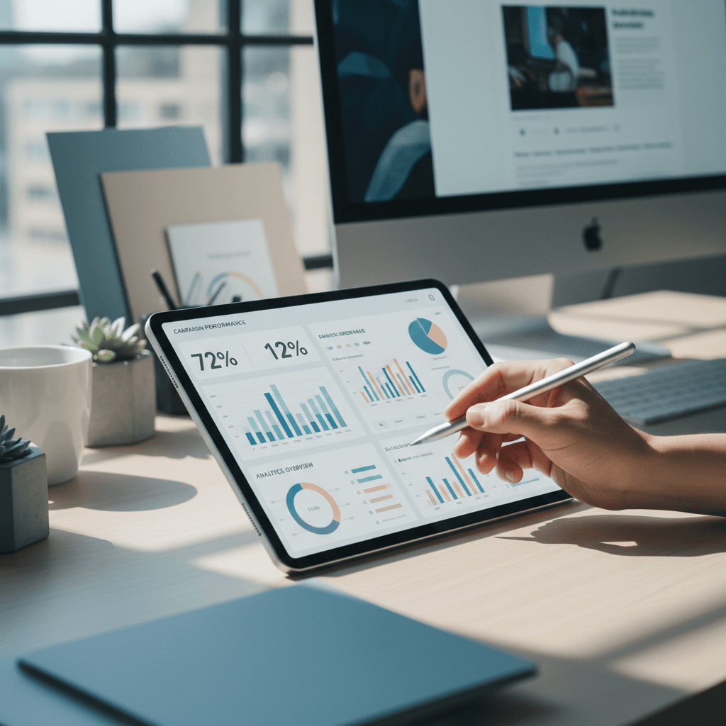 Designer analyzing marketing analytics on tablet